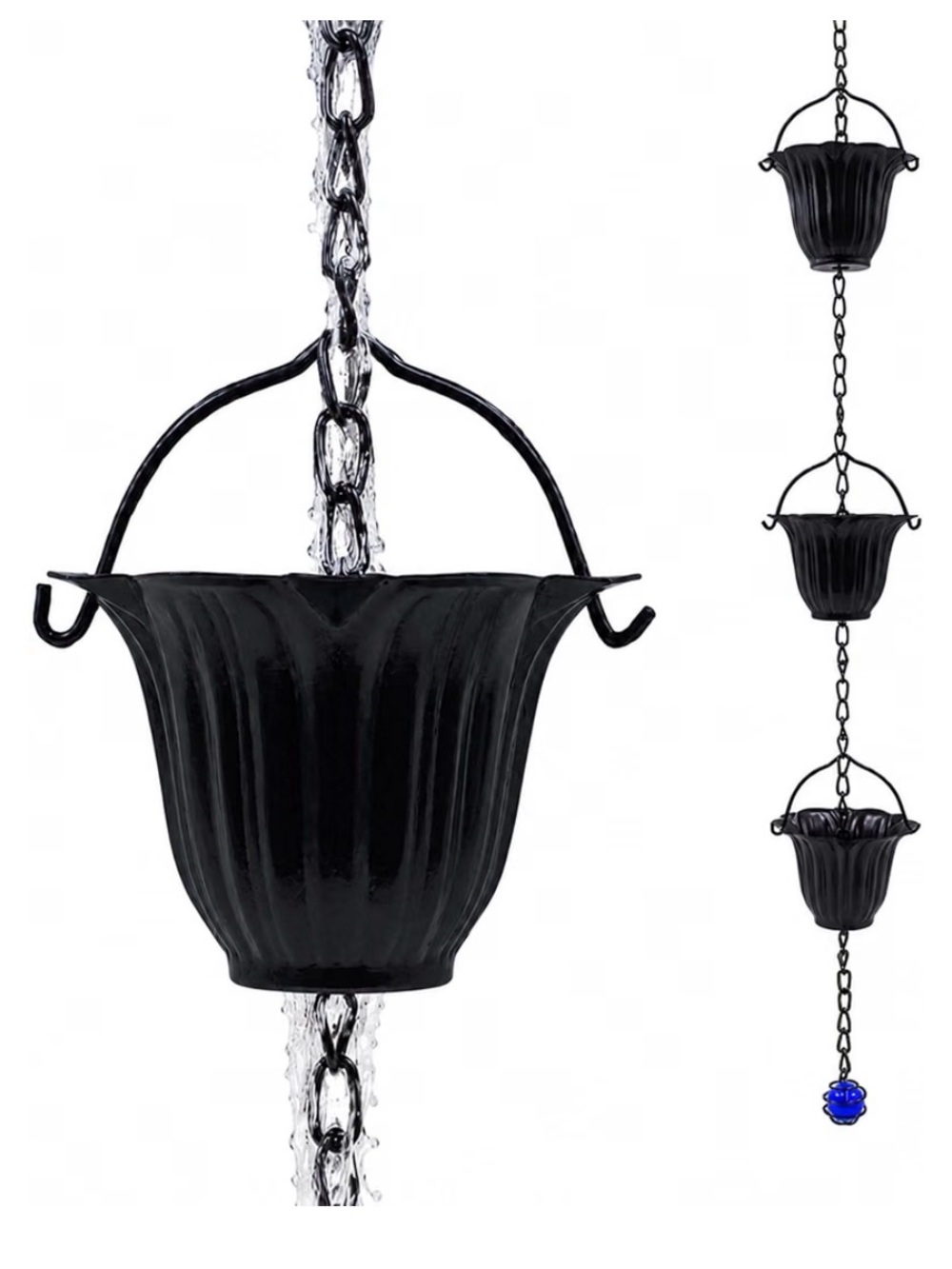 Black Rain Chain for Gutters, 12 Cup Tulip Decorative Water Feature, 8FT 8IN NEW